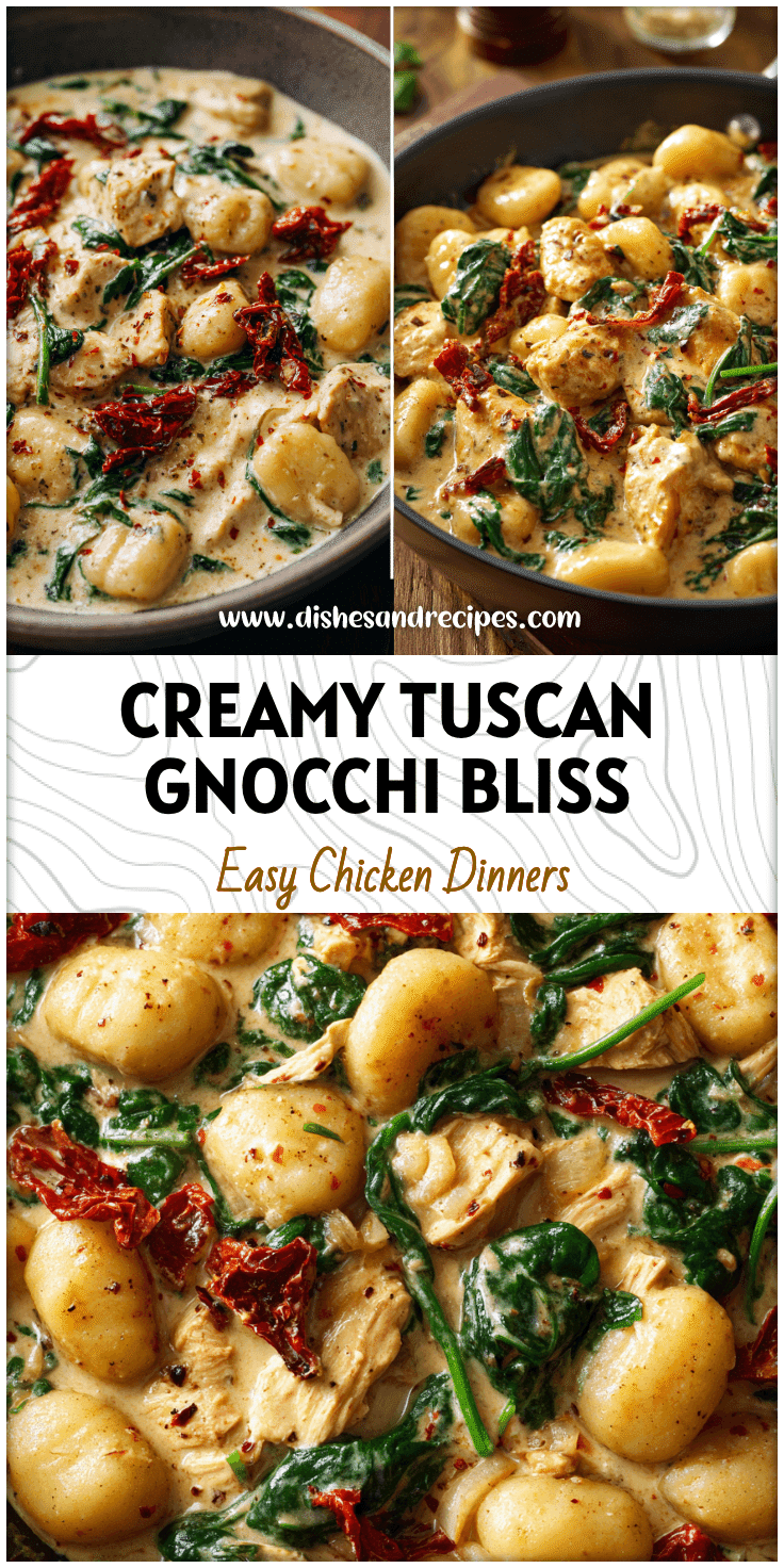 Creamy Tuscan Chicken Gnocchi in a skillet with spinach and sun-dried tomatoes for a healthy dinner idea
